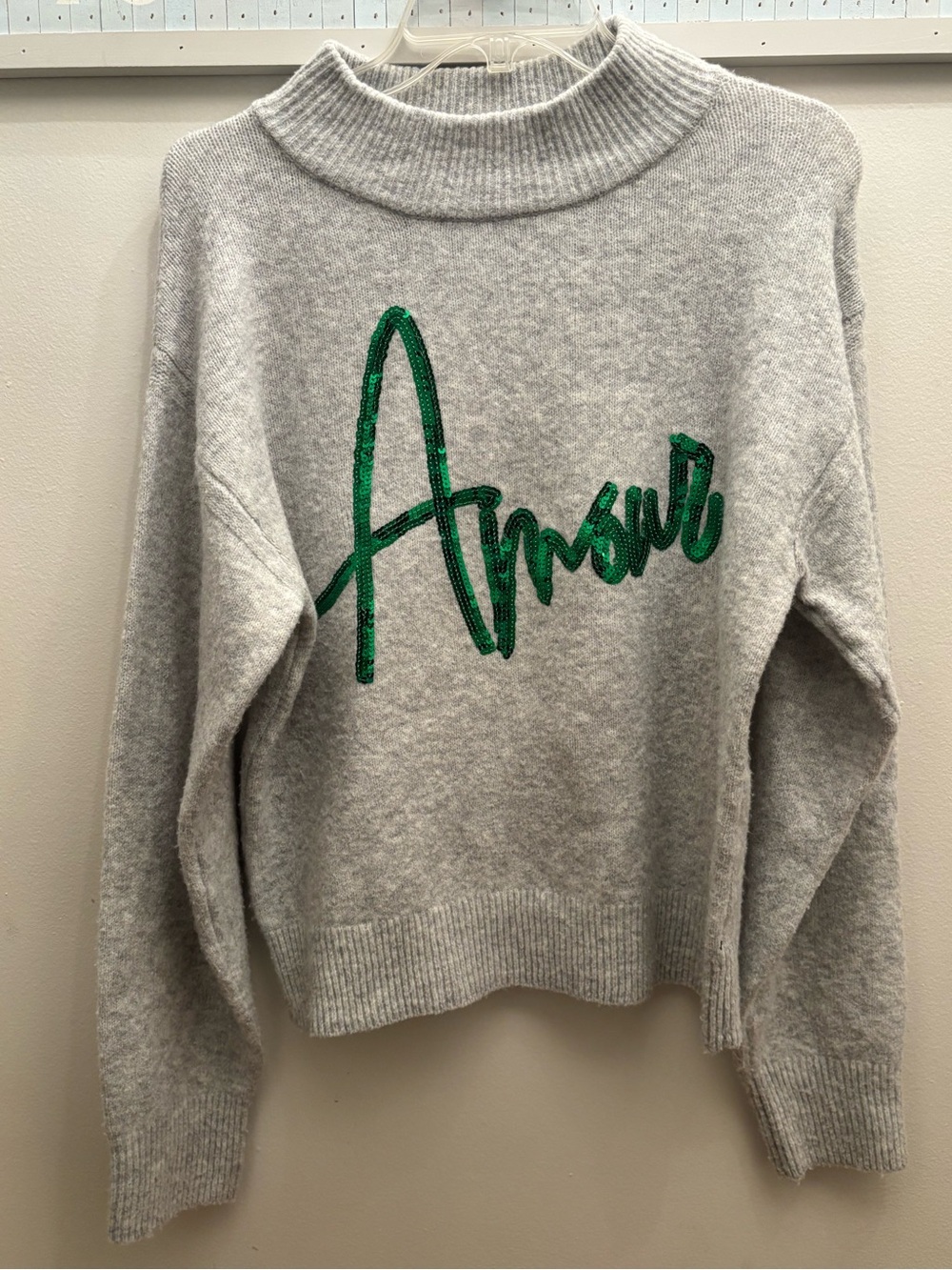 a new day Gray Sweater with Green Sequin "Amour" Script XS